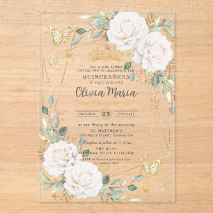 Invitaciones Acrílicas Mariposas Florales Blancas Quinceañera Oro Quince