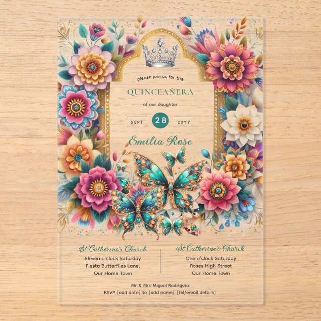 Invitaciones Acrílicas Mariposas florales QUINCEANERA Tiara Plata dorada (Anverso)