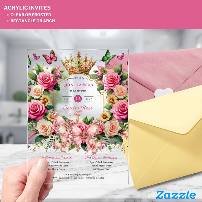 Invitaciones Acrílicas Mariposas florales QUINCEANERA Tiara Roses rosados (Subido por el creador)