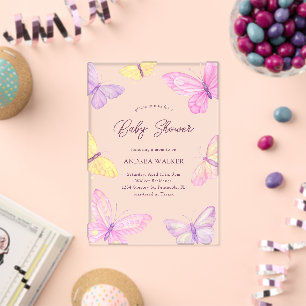 Invitaciones Acrílicas Mariposas Pastel Rosa Púrpura Elegante Baby Shower