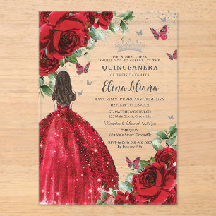 Invitaciones Acrílicas Mariposas Plata Floral Rojas Quinceañera Sweet 16