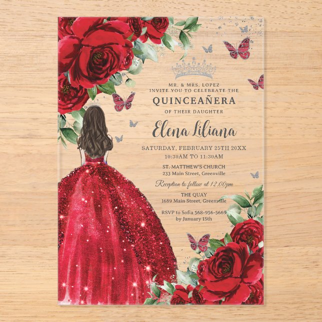 Invitaciones Acrílicas Mariposas Plata Floral Rojas Quinceañera Sweet 16 (Anverso)