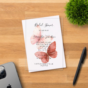 Invitaciones Acrílicas Mariposas rosadas, ducha de novia roja