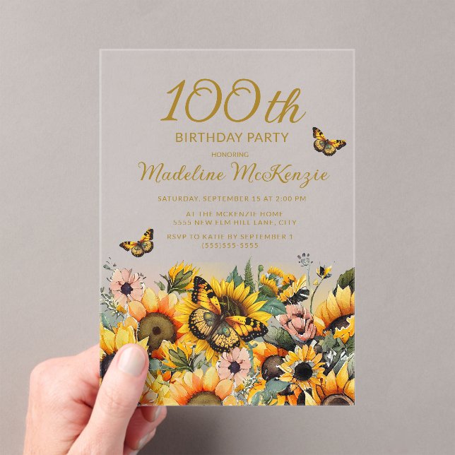 Invitaciones Acrílicas Mariposas Sunflowers 100 cumpleaños (Insitu (portátil))