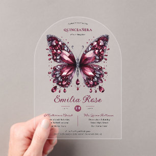 Invitaciones Acrílicas Mariposas Sweet15 Quinceañera Diamante de Borgoña