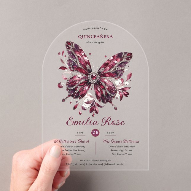 Invitaciones Acrílicas Mariposas Sweet15 Quinceañera Diamante de Borgoña (Insitu (portátil))