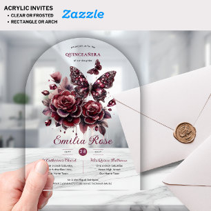 Invitaciones Acrílicas Mariposas Sweet15 Quinceañera Diamante de Borgoña