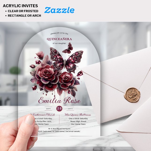 Invitaciones Acrílicas Mariposas Sweet15 Quinceañera Diamante de Borgoña (Subido por el creador)