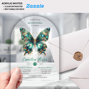 Invitaciones Acrílicas Mariposas Sweet15 Quinceañera Diamante Verde azula
