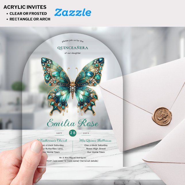 Invitaciones Acrílicas Mariposas Sweet15 Quinceañera Diamante Verde azula (Subido por el creador)