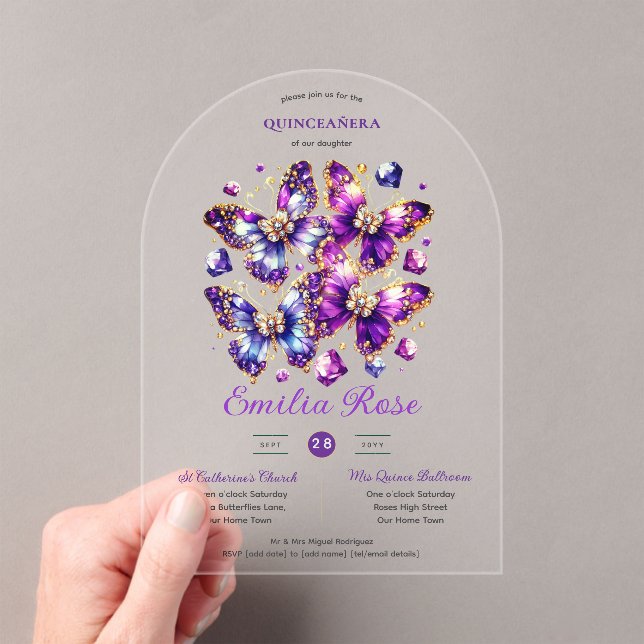 Invitaciones Acrílicas Mariposas Sweet15 Quinceañera Oro Azul púrpura (Insitu (portátil))