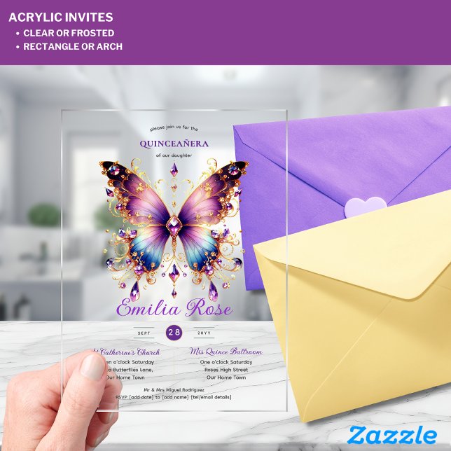Invitaciones Acrílicas Mariposas Sweet15 Quinceañera Oro Azul púrpura (Subido por el creador)