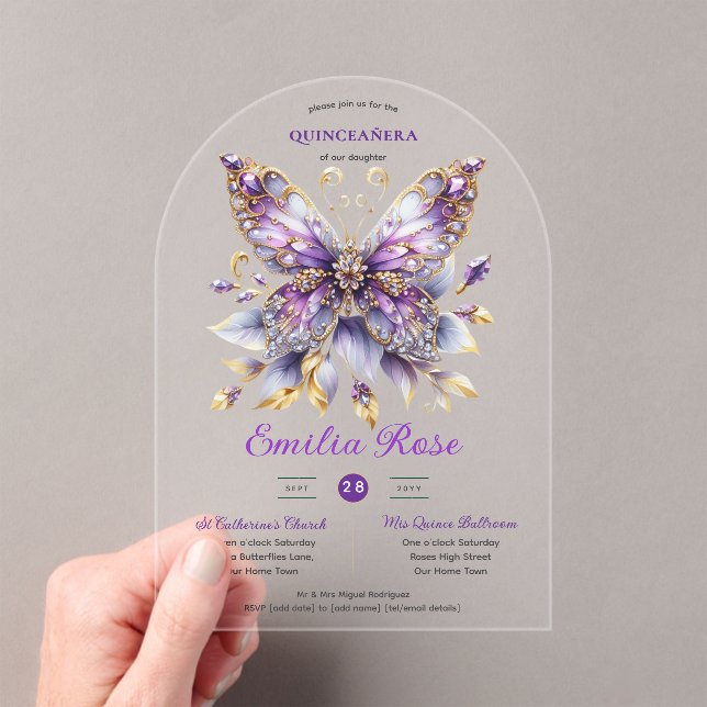 Invitaciones Acrílicas Mariposas Sweet15 Quinceañera Oro Azul púrpura (Insitu (portátil))