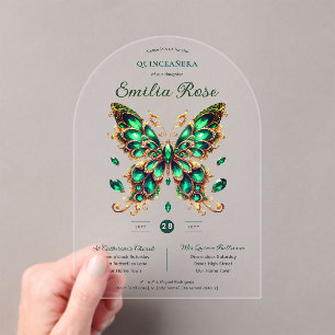 Invitaciones Acrílicas Mariposas Sweet15 Quinceañera oro verde esmeralda