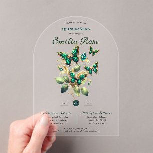 Invitaciones Acrílicas Mariposas Sweet15 Quinceañera oro verde esmeralda