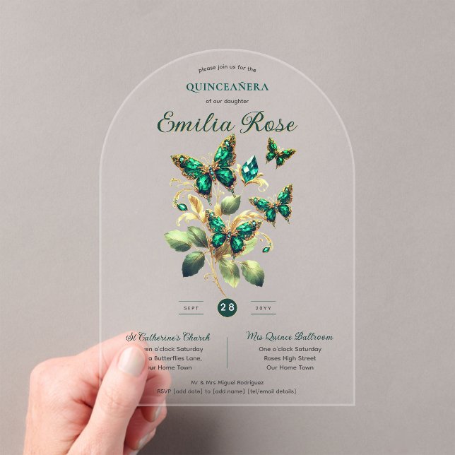 Invitaciones Acrílicas Mariposas Sweet15 Quinceañera oro verde esmeralda (Insitu (portátil))