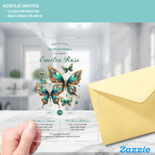 Invitaciones Acrílicas Mariposas Sweet15 Quinceañera oro verde esmeralda