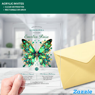Invitaciones Acrílicas Mariposas Sweet15 Quinceañera oro verde esmeralda