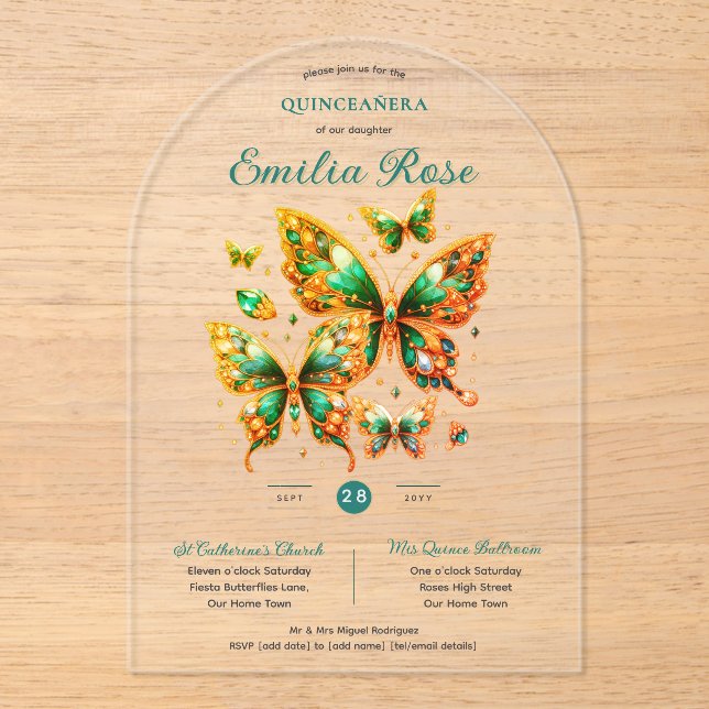 Invitaciones Acrílicas Mariposas Sweet15 Quinceañera oro verde esmeralda (Anverso)