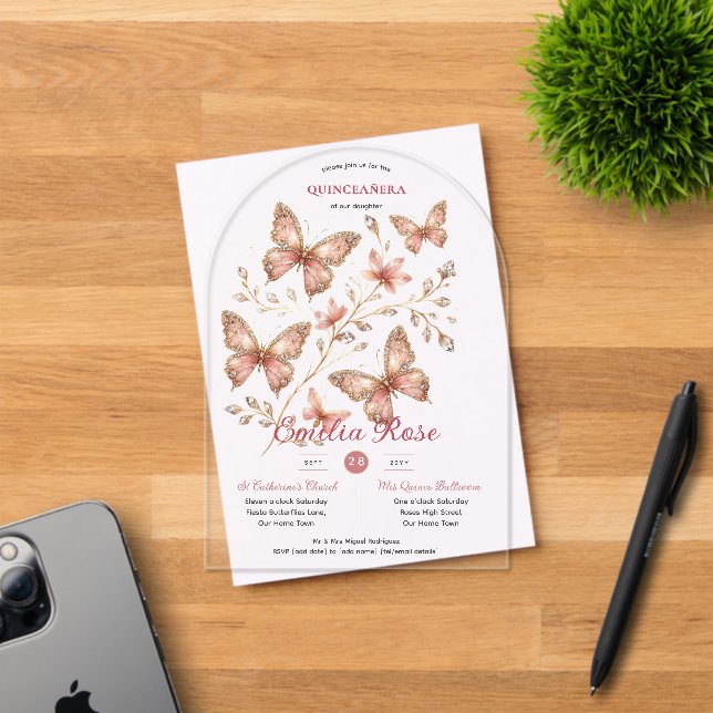 Invitaciones Acrílicas Mariposas Sweet15 Quinceañera Rubor Diamante rosa (Insitu (Tarjeta de Invitación))