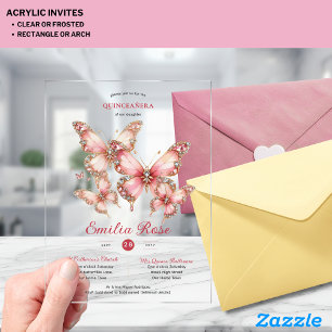 Invitaciones Acrílicas Mariposas Sweet15 Quinceañera Rubor Diamante rosa