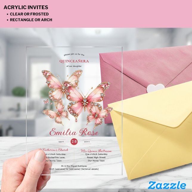 Invitaciones Acrílicas Mariposas Sweet15 Quinceañera Rubor Diamante rosa (Subido por el creador)