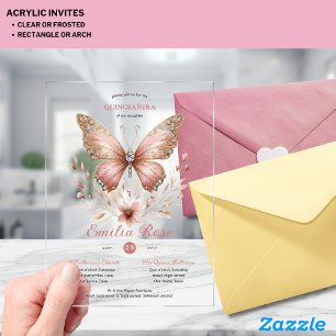 Invitaciones Acrílicas Mariposas Sweet15 Quinceañera Rubor Diamante rosa