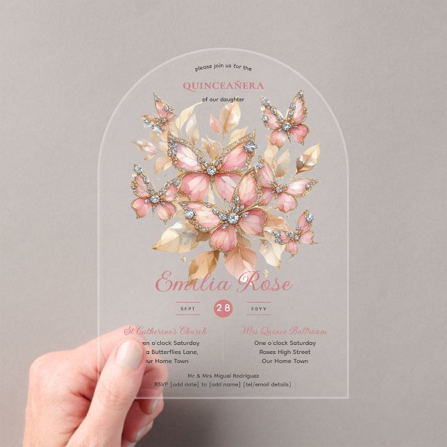 Invitaciones Acrílicas Mariposas Sweet15 Quinceañera Rubor Diamante rosa (Insitu (portátil))