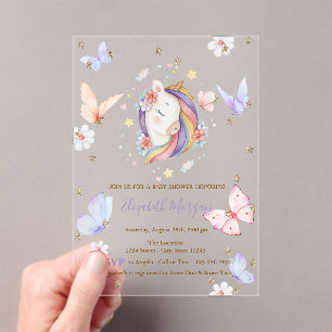 Invitaciones Acrílicas Mariposas Unicornio Brillo Violeta Baby Shower