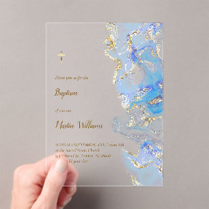 Invitaciones Acrílicas mármol azul pastel Bautismo