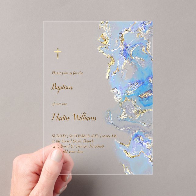 Invitaciones Acrílicas mármol azul pastel Bautismo (Insitu (portátil))