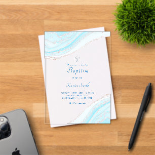 Invitaciones Acrílicas Mármol azul pastel de bautizo