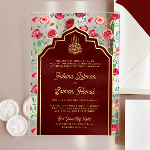 Invitaciones Acrílicas Maroon Gold Red Roses Floral Muslim Boda