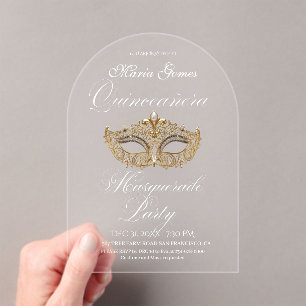 Invitaciones Acrílicas Máscara de Oro Mascarada Quinceañera Cumpleaños 