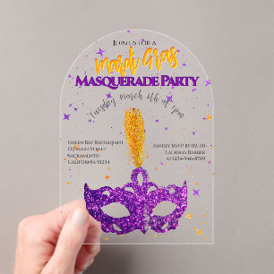 Invitaciones Acrílicas Máscara de Purpurina Violeta y Naranja Fiesta de M