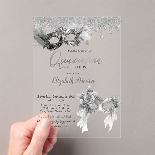 Invitaciones Acrílicas Mascarada Máscara Brillo Gotea Quinceañera Plata