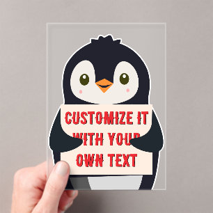Invitaciones Acrílicas Mascota de pingüino sosteniendo un cartel para tex