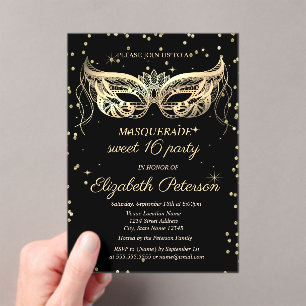 Invitaciones Acrílicas Masquerada Diamantes Dorados Negros Dulces 16