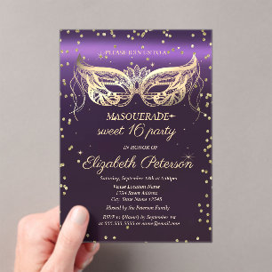 Invitaciones Acrílicas Masquerada Oro Diamantes Purpura Dulces 16 