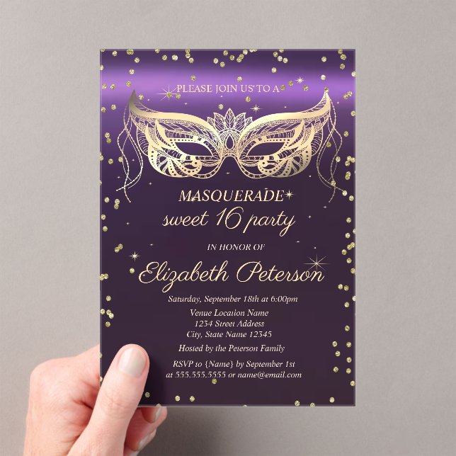 Invitaciones Acrílicas Masquerade Gold Diamonds Purple Sweet 16  (Insitu (portátil))
