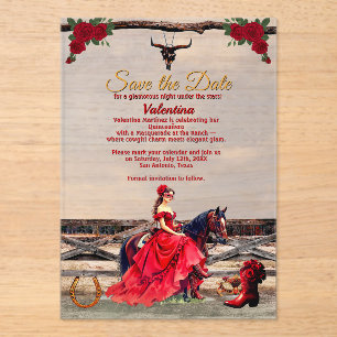 Invitaciones Acrílicas Masquerade Ranch Quinceañera Chica Glamurosa Roja 