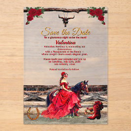 Invitaciones Acrílicas Masquerade Ranch Quinceañera Red Glam Girl & Name