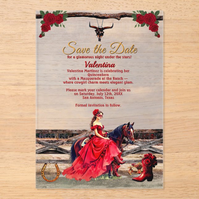 Invitaciones Acrílicas Masquerade Ranch Quinceañera Red Glam Girl & Name (Anverso)