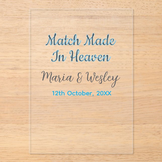 Invitaciones Acrílicas Match made in heaven blue black couple name date (Anverso)