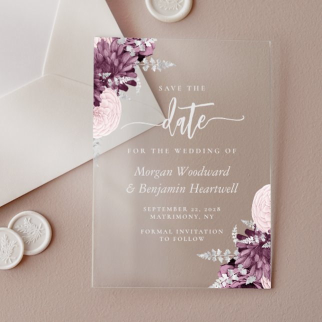 Invitaciones Acrílicas Mauve Silver Floral Wedding Save the Date (Subido por el creador)