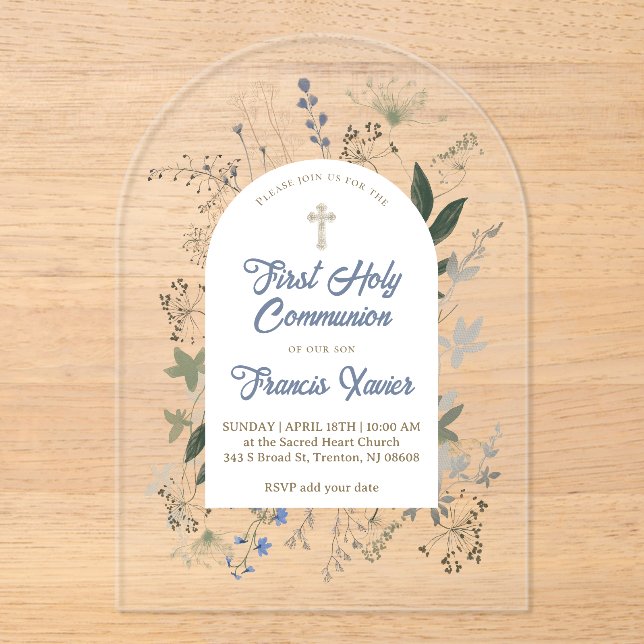 Invitaciones Acrílicas meadow greenery frame First Holy Communion (Anverso)