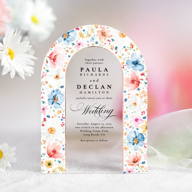 Invitaciones Acrílicas Meadow Wildflowers Elegante Boda del Arco Boho (Wildflower Acrylic Wedding Invitation)