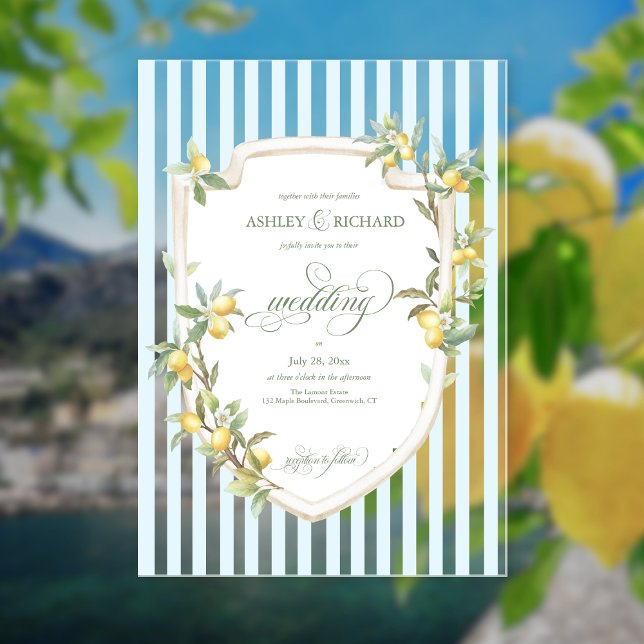 Invitaciones Acrílicas Mediterranean Lemon Coastal Stripe Wedding (elegant mediterranean lemon coastal pale blue stripe wedding acrylic invitation)