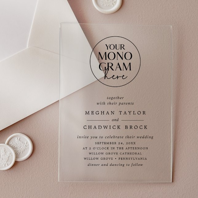 Invitaciones Acrílicas MEGHAN Elegante Boda de Monograma Único de Moda Si (MEGHAN Elegant Unique Simple Chic Monogram Wedding Acrylic Invitations)