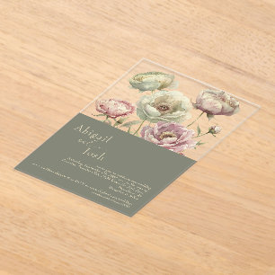 Invitaciones Acrílicas Melancolía rosada y salvia de peonias florales acr